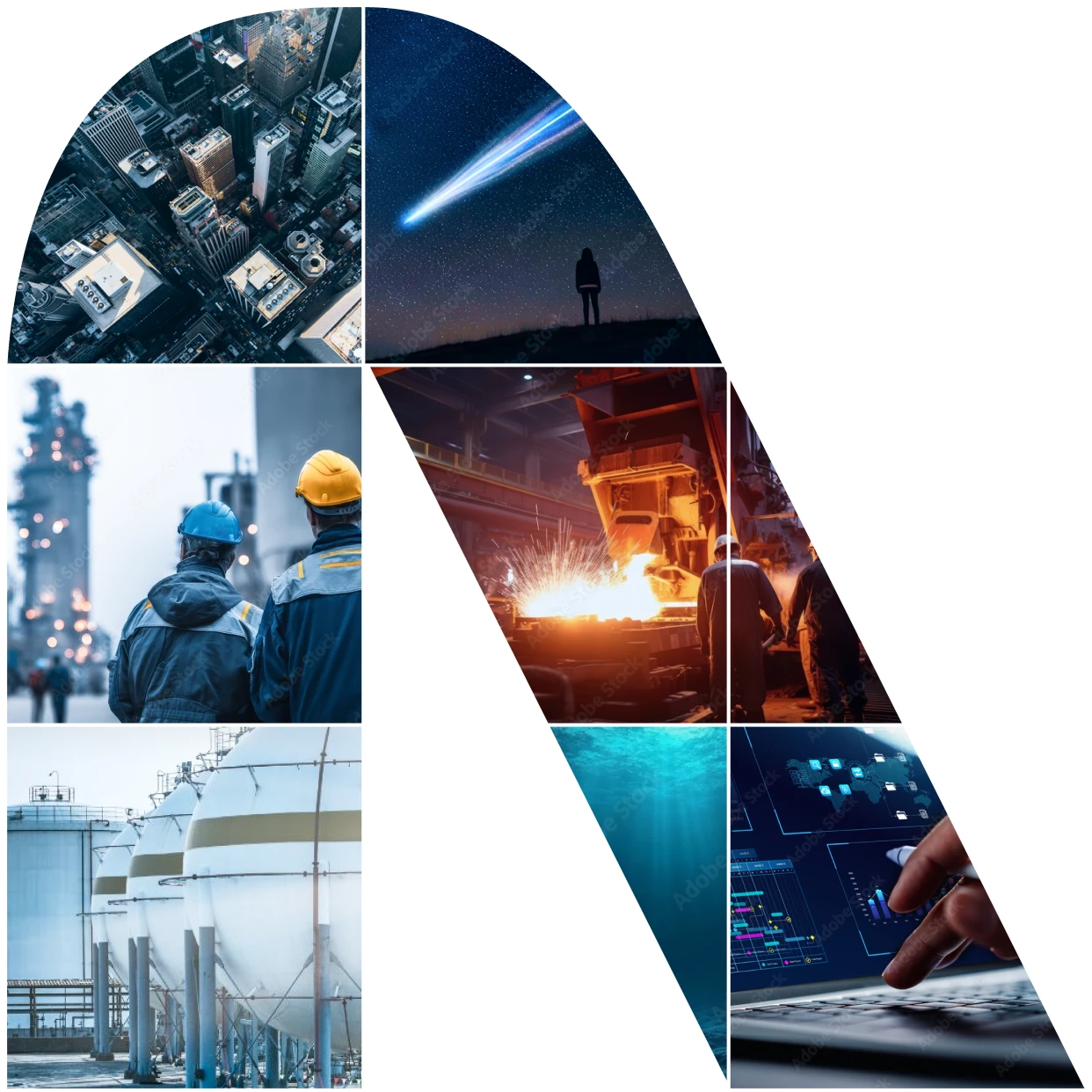 都市、宇宙、プラント、製鉄所、海中、データ分析画面の写真を組み合わせたコラージュ